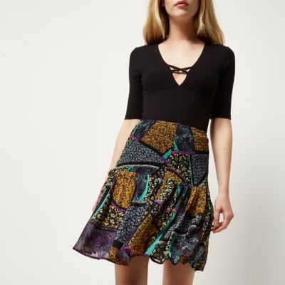 Purple print chiffon mini skirt